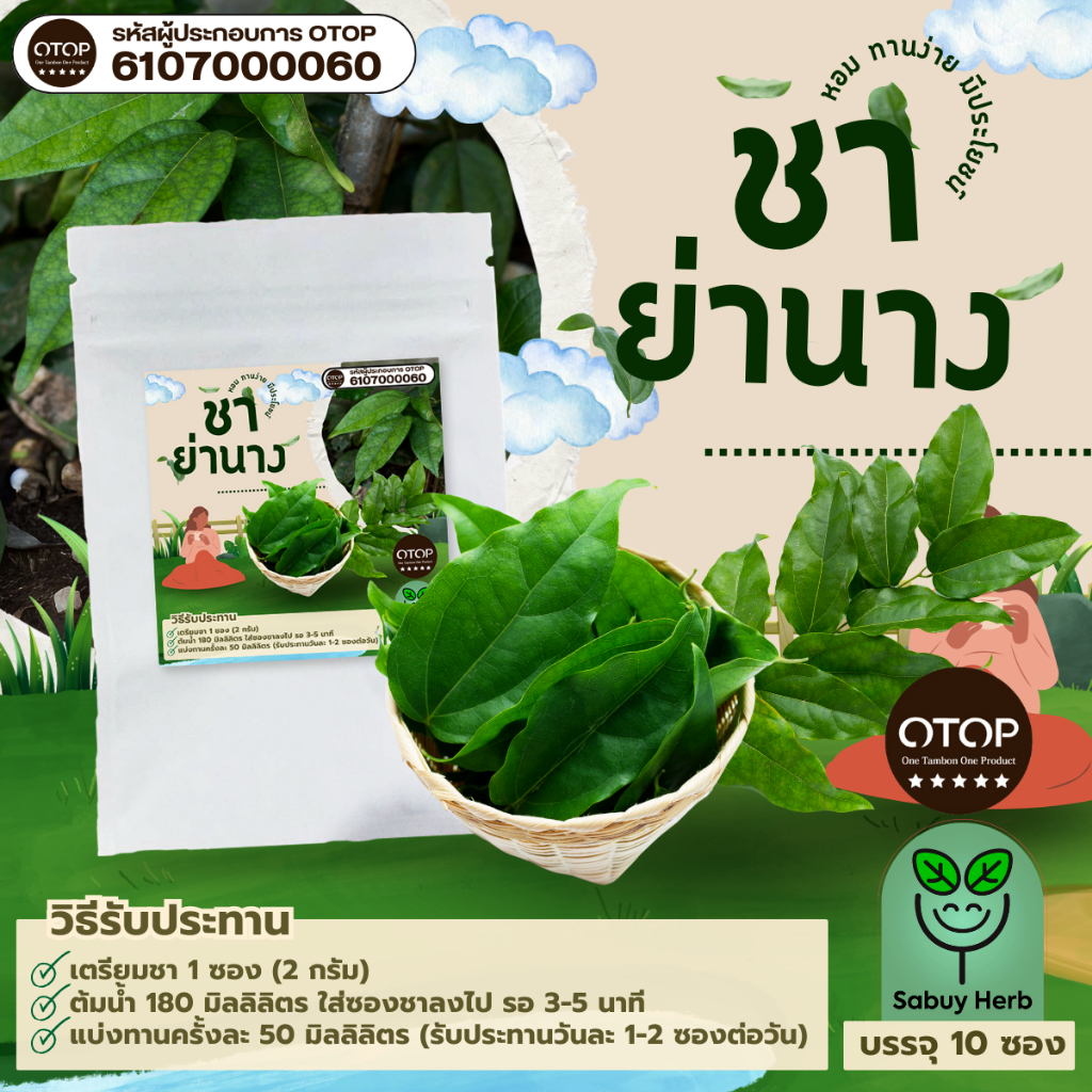 🔥ออกใบกำกับภาษีได้📌 ชาย่านาง แบบซองแช่ ไม่มีน้ำตาล (สินค้าOTOP) (1 ห่อ 10 ซองชา)