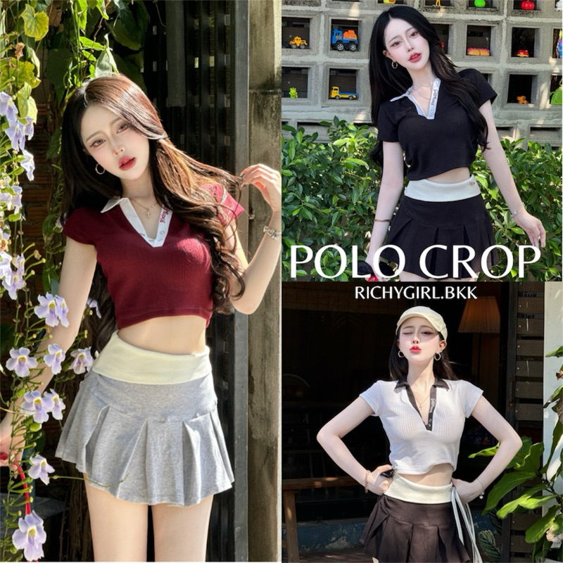 Polo Crop | เสื้อโปโลเสื้อครอปแขนสั้น เสื้อยืด รุ่นกระดุมแป๊ะปักRichy.Girl เนื้อนิ่มยืดไม่บาง100%