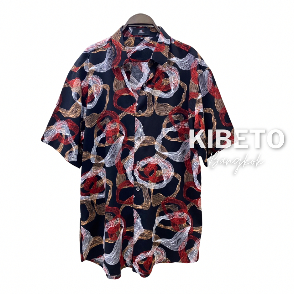 Kibeto เสื้อฮาวาย ลายเส้นวงกลม สีแดง ผ้าสปันเรยอน เนื้อนิ่ม ใส่สบาย M L XL 2XL 3XL
