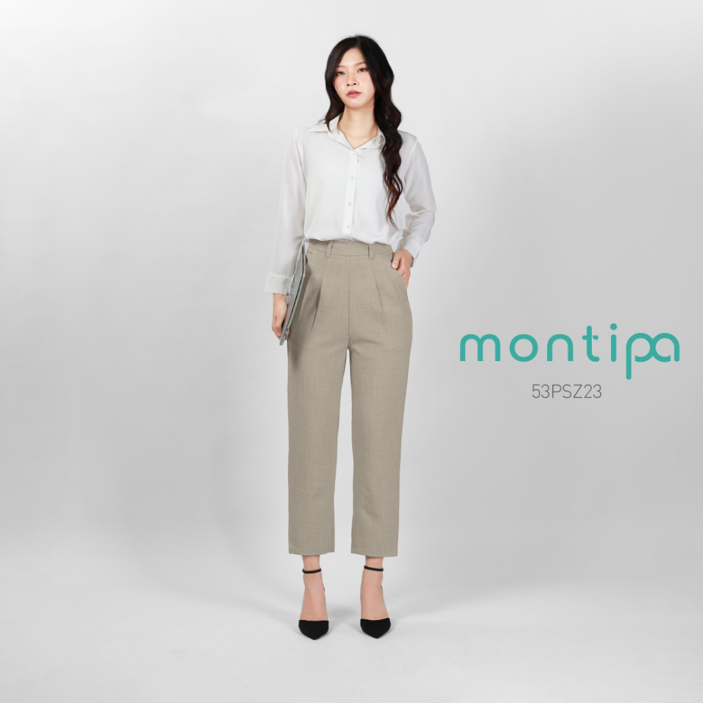 Montipa กางเกงทรงสอบ ซิปด้านข้าง ดีเทลจีบหน้า ผ้า Comfort 52PSZ23