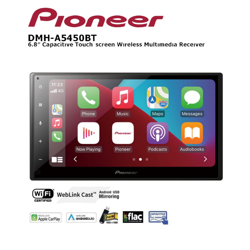 PIONEER DMH-A5450BT หน้าจอ 6.8 นิ้ว หน้าจอสัมผัส เชื่อมต่อ Apple CarPlay , Android Auto แบบไร้สาย