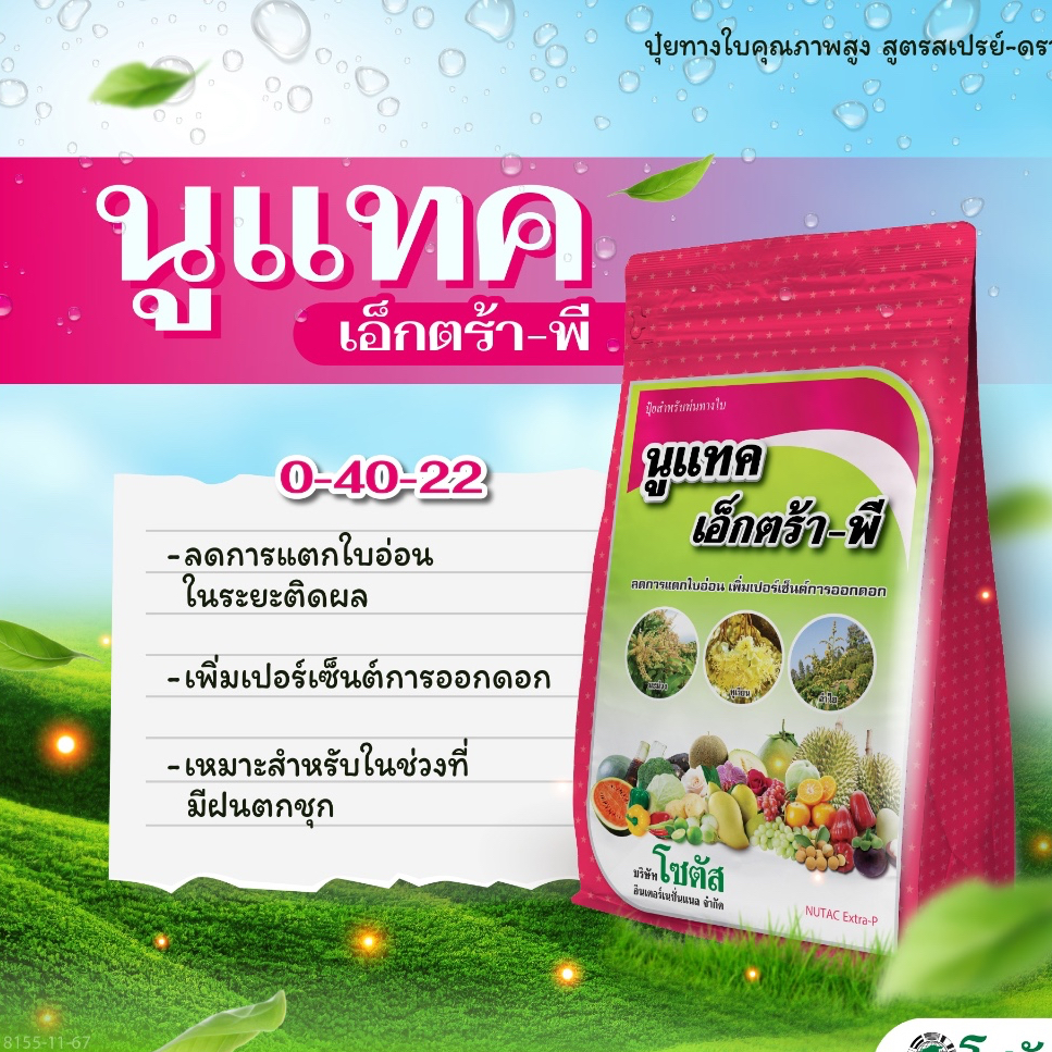 ปุ๋ยทางใบฟอสฟอรัสสูง นูแทค เอ็กตร้า-พี ช่วยเตรียมช่อดอก เพิ่มโอกาสติดดอก ออกดอก ขนาด 1 กก.