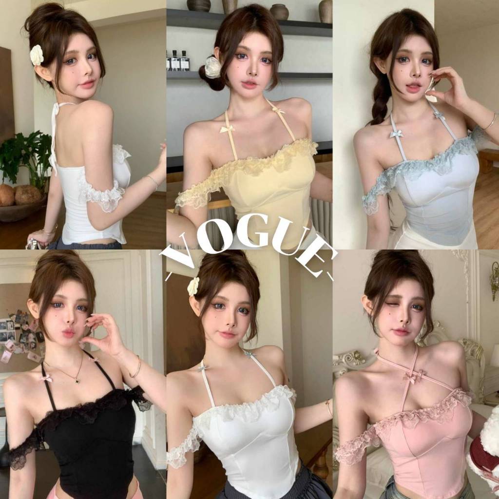 Vogue🌟พร้อมส่ง🌟 เสื้อกล้ามแขนตุ๊กตา ขอบลูกไม้ มีฟองน้ำแต่งสายคล้องคอ (FYL265)