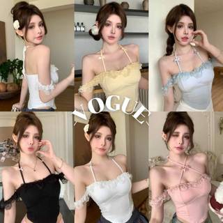 Vogue🌟พร้อมส่ง🌟 เสื้อกล้ามแขนตุ๊กตา ขอบลูกไม้ มีฟองน้ำแต่งสายคล้องคอ (FYL265)