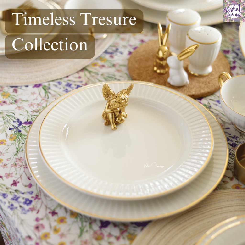 Violet Flamingo ชุดจานชามเซรามิค รุ่น Timeless Treasure สีขาว Ivory ขอบทอง งานเกรดคุณภาพส่งออกต่างประเทศ