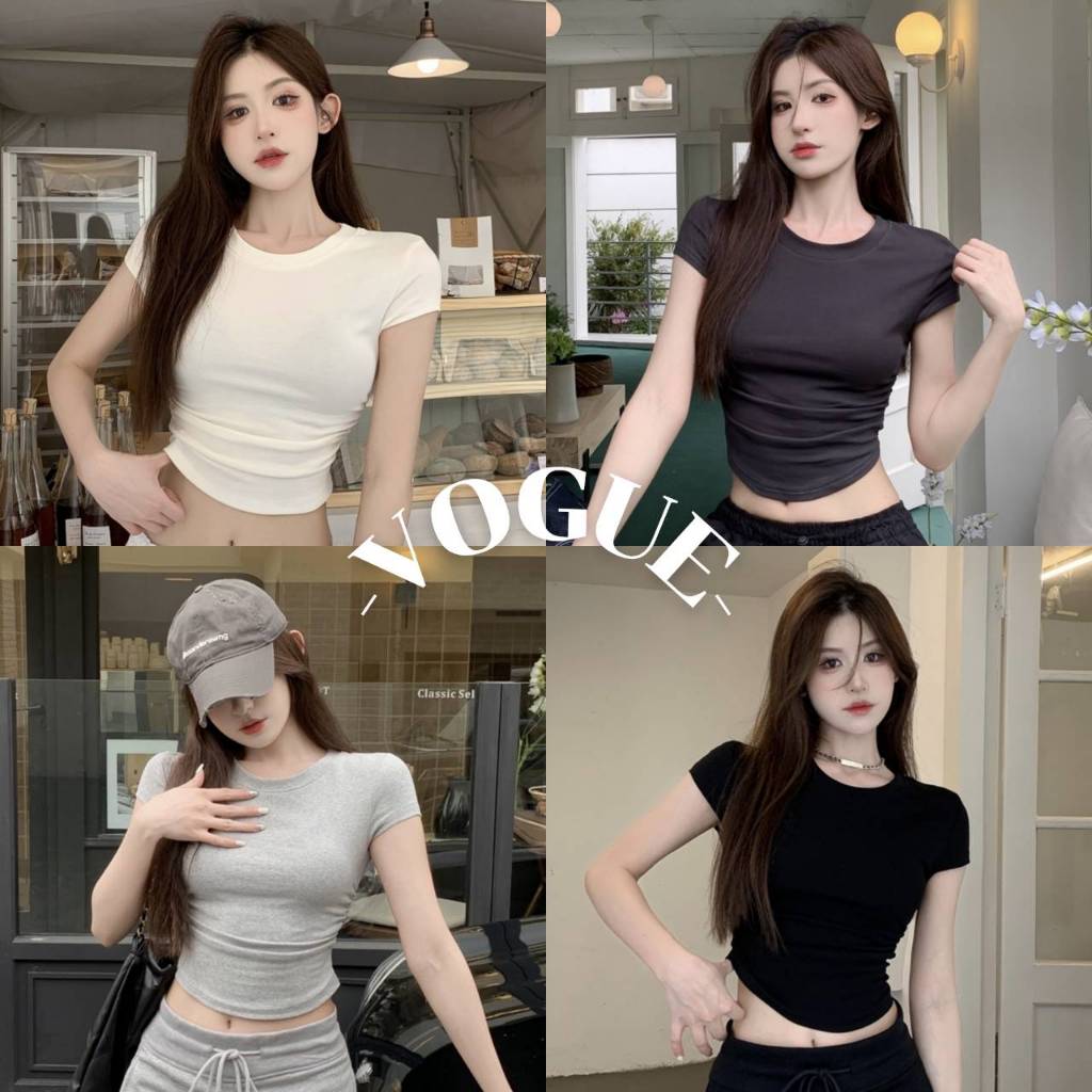 Vogue🌟พร้อมส่ง🌟 เสื้อยืดครอปแขนสั้น คอกลม ทรงรัดตัวสีพื้น (FY9388)