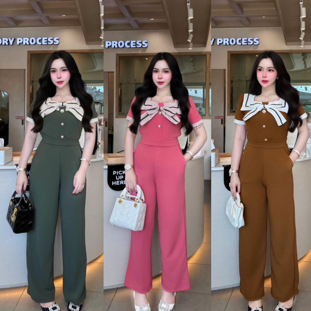 ชุดเซตยาวทรูโทน ผ้าวูลเวฟ เสื้อคอปกแต่งกุ้นโบว์หน้าแต่งกระดุมเมอแรง+กางเกงเอวเรียบสม็อคหลังมีกระเป๋า A5794