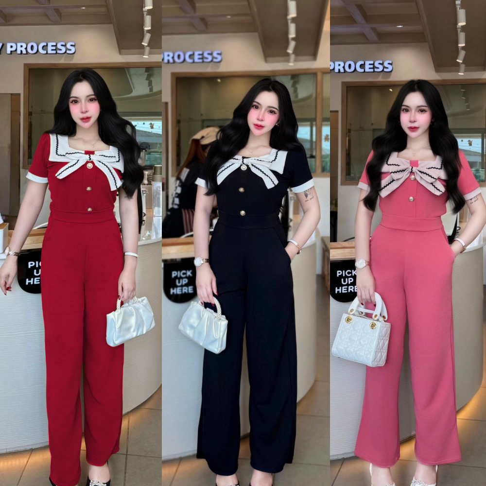สินค้าพร้อมส่ง ชุดเซตยาวทรูโทน ผ้าวูลเวฟ เสื้อคอปกแต่งกุ้นโบว์หน้าแต่งกระดุมเมอแรง+กางเกงเอวเรียบสม็อคหลังมีกระเป๋า A579