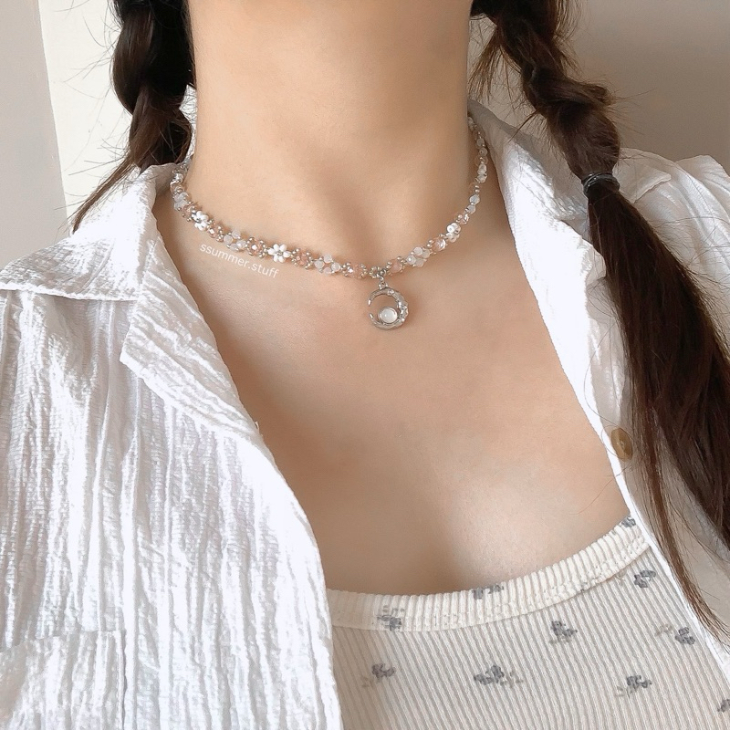 ✨I love you to the moon and back beaded jewelry🌙💘 : สร้อยลูกปัดดอกไม้คริสตัลสีชมพูอ่อนฟีลหรูหราหวานๆ🌸✨