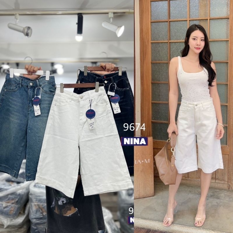 (S-4XL)#9674 งานกางเกงยีนส์ขา 5 ส่วน งานผ้าไม่ยืดเอวสูง ปลายขาเย็บเก็บงานเรียบหรูดูแพง ทรงสวย