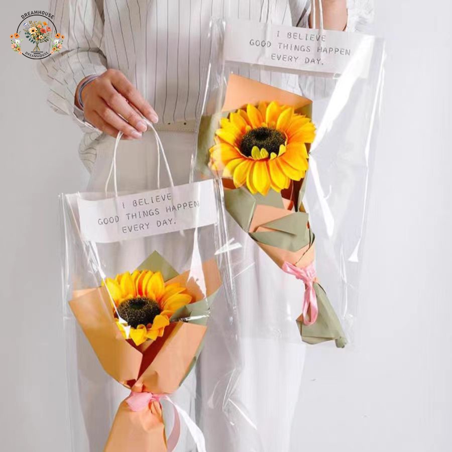 ถุงของขวัญ หูหิ้ว แบบใส ลายดอกไม้ สําหรับใส่ดอกไม้ ถุงวัสดุบรรจุภัณฑ์ช่อดอกไม้ สําหรับใส่ดอกไม้(ไม่รวมดอกไม้)