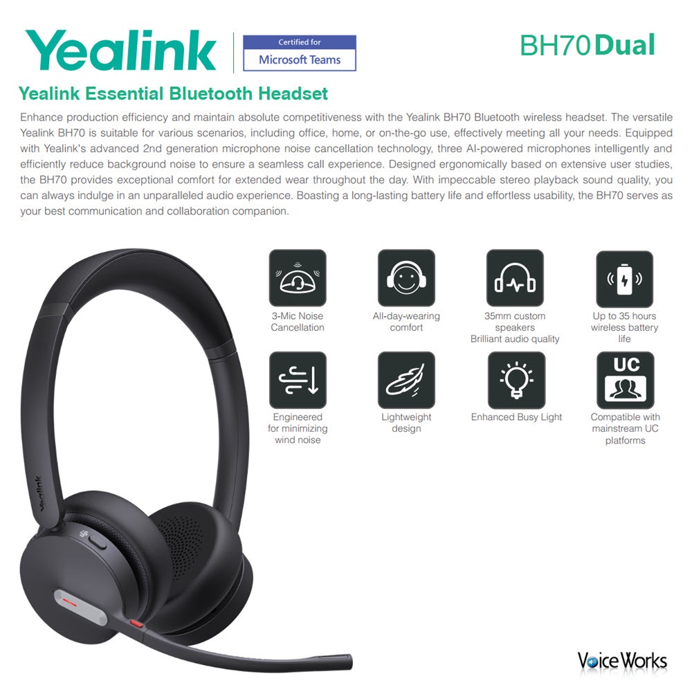 Yealink Bluetooth Headset BH70 Duo 3 ไมค์ตัดเสียงรบกวนเยี่ยม เสียงนุ่มนวลแต่เบา146g คุยยาวได้ 35ชม.
