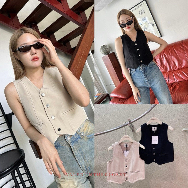 ส่งแมส 🛵basic vest top 🛵 เสื้อแขนกุด คอวี กระดุมหน้าสีเงิน ใช้งานได้จริง ทรงเป๊ะดีเทลสวยเรียบหรู