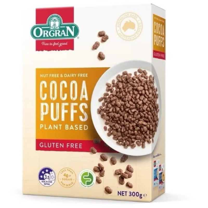 Orgran Cocoa Puffs Cereal/Corn Flakes Plant Based/Rice Puffs Gluten Free ออร์กรานโกโก้ฟัพพส์ซีเรียล/ข้าวพอง/คอนเฟลก300g.