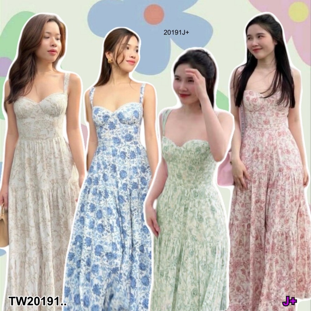 TwinsShopVip💗พร้อมส่ง TW20191  แมกซี่เดรสลายดอกไม้ ด้านหลังร้อยเชือกรัด ..