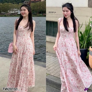 TwinsShopVip💗พร้อมส่ง TW20191 แมกซี่เดรสลายดอกไม้ ด้านหลังร้อยเชือกรัด ..