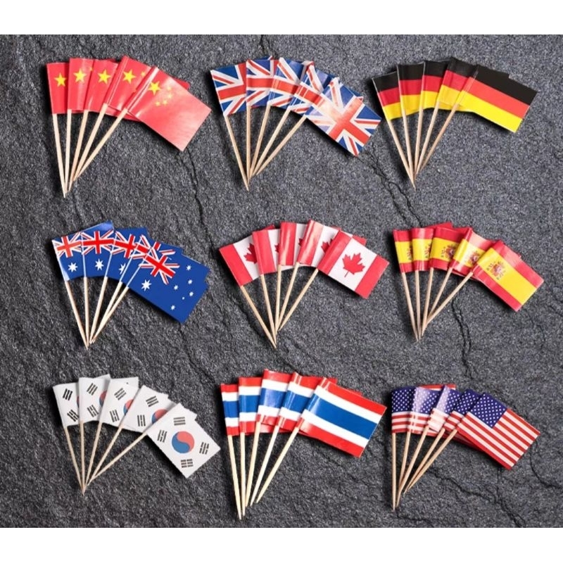 (พร้อมส่งในไทย)ธงไม้จิ้มฟัน ธงจิ้มอาหาร 100ชิ้น/แพ็ค ไม้จิ้มลายธงชาติ
