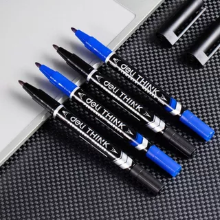 (โปรพิเศษ!! ซื้อ 5 แถม 1) ปากกามาร์คเกอร์ Deli สำหรับเขียนซองพลาสติก แผ่นซีดี โมเดล แบบ 2 หัว (0.5 mm - 1 mm) ดำ/น้ำเงิน