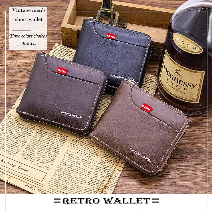 กระเป๋าสตางค์หนัง PU แบบคลาสสิก ความจุขนาดใหญ่ กระเป๋าสตางค์ผู้ชายสไตล์ย้อนยุค กระเป๋าสตางค์แบบมีซิป ใส่บัตรได้หลายใบ