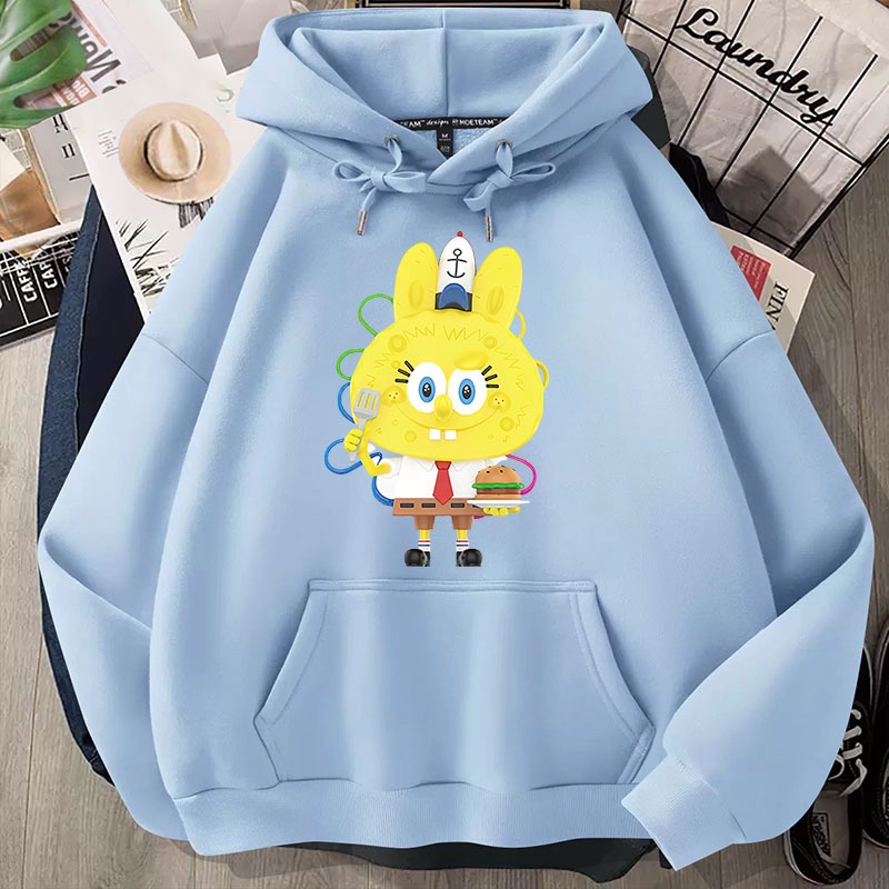 L808 （พร้อมส่งจากไทย）เสื้อฮู้ดแขนยาวลายสพันจ์บ๊อบ  สำหรับชายและหญิง.