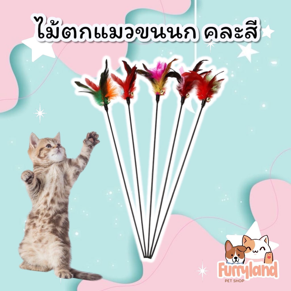ไม้ตกแมว ขนนก ไม้ล่อแมวขนนก คละสี ของเล่นแมว