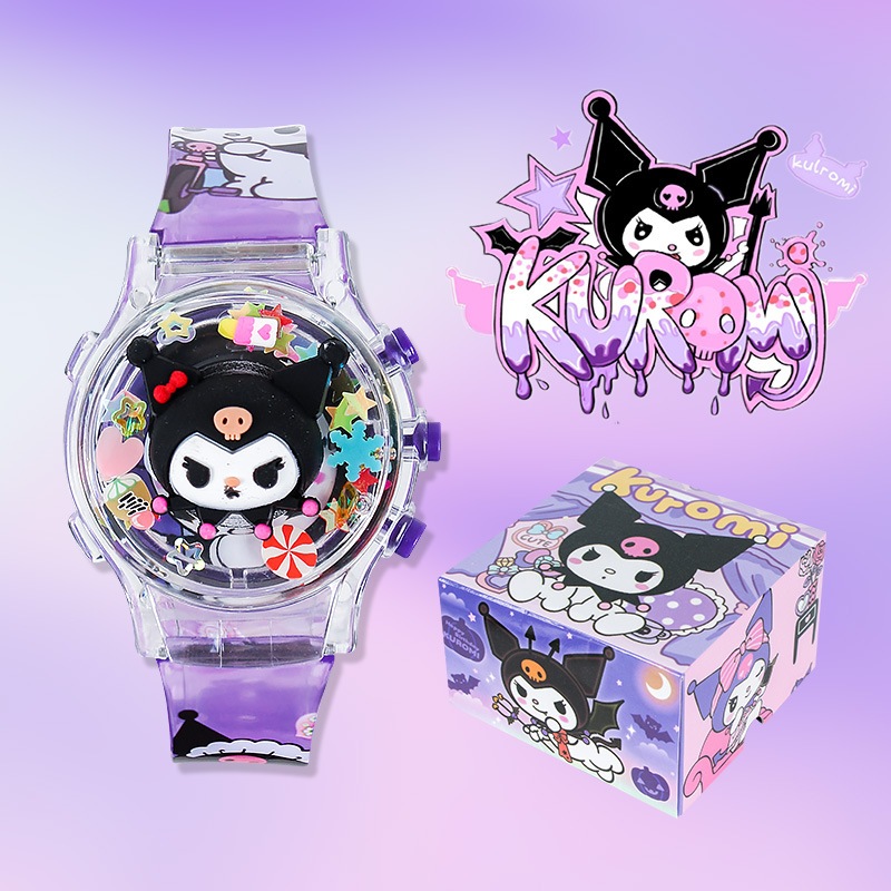 SANRIO นาฬิกา ซานริโอ คุโรมิ พร้อมกล่องของขวัญสําหรับเด็กผู้หญิงหมุนเรืองแสงเพลงนาฬิกาที่มีสีสันกระพริบเด็ก นํา นาฬิกาสํ