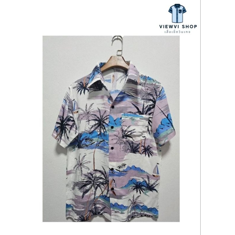 View Vi Shop ลายมะพร้าวฟ้าพื้นขาว เสื้อเชิ้ตแขนสั้น เชิ้ตฮาวาย เสื้อสงกรานต์ เสื้อเชิ้ตแขนสั้น