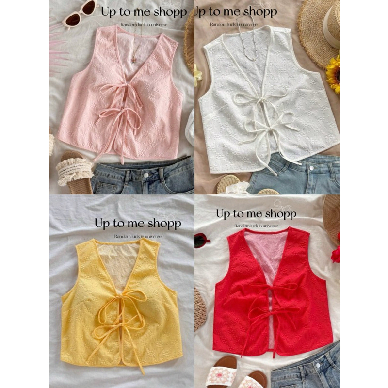 เสื้อกล้ามแขนกุด สีพื้น เรียบๆ ผ้าพิมพ์ลายเนื้อหยาบ มีสายผูกด้านหน้า ใส่สบาย น่ารักมินิมอล ผ้าดีมาก