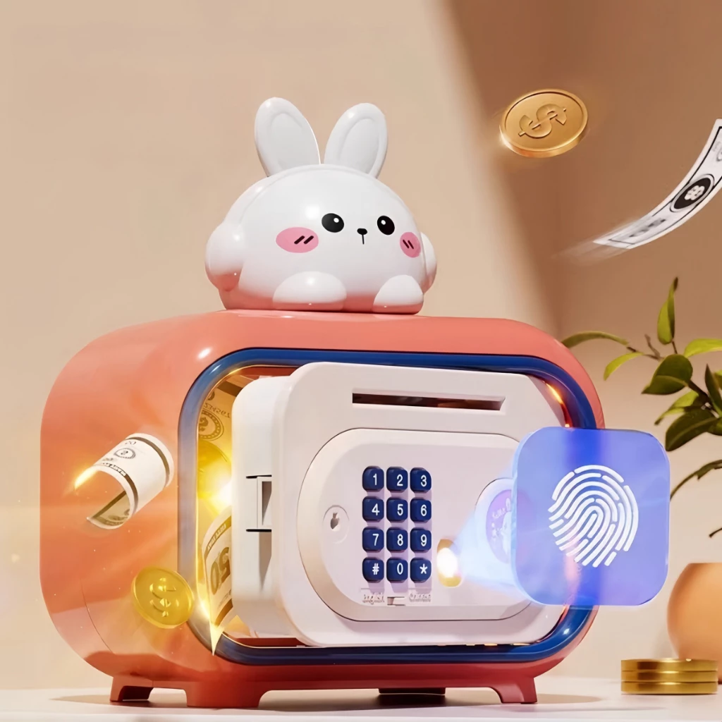 กระปุกออมสินของเล่นเด็ก 3 ล็อคสุดเจ๋ง! (รหัส/กุญแจ/ลายนิ้ว) + เก็บเหรียญอัตโนมัติ ✨ ตู้นิรภัยน่ารักลายกระต่าย-แมวกวักของ thumbnail 9