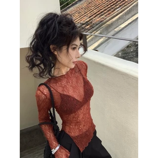 ส่งทันที Cici(NO. J1686) เสื้อยืดลูกไม้แขนยาวคอกลม ผ่าข้าง ทรงเฉียงสลิมฟิตเข้ารูป สไตล์เกาหลี
