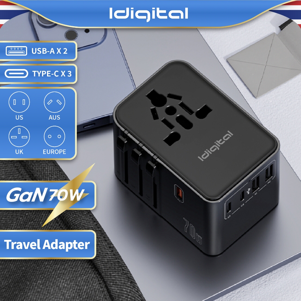Idigital หัวแปลงปลั๊กไฟ Universal Travel Adapter, รองรับ PD ชาร์จเร็ว, 25W to 70W, เหมาะสำหรับ 200+ 