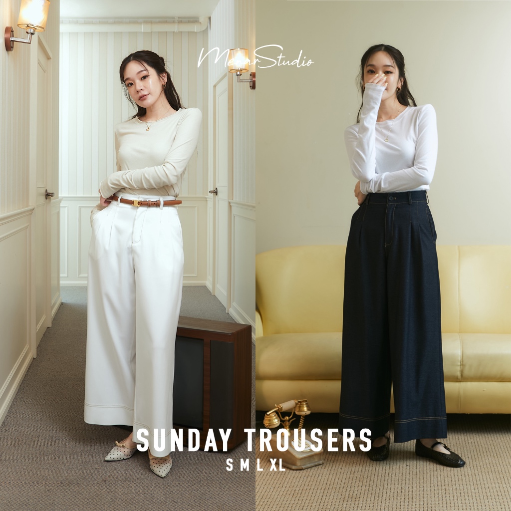 [SUNDAY TROUSERS] กางเกงทรง 9 ส่วนเอวสูง เนื้อผ้าทิ้งตัว ใส่สบายมาก เพิ่มดีเทลด้วยการเดินตะเข็บด้ายสีทองทั้งตัว