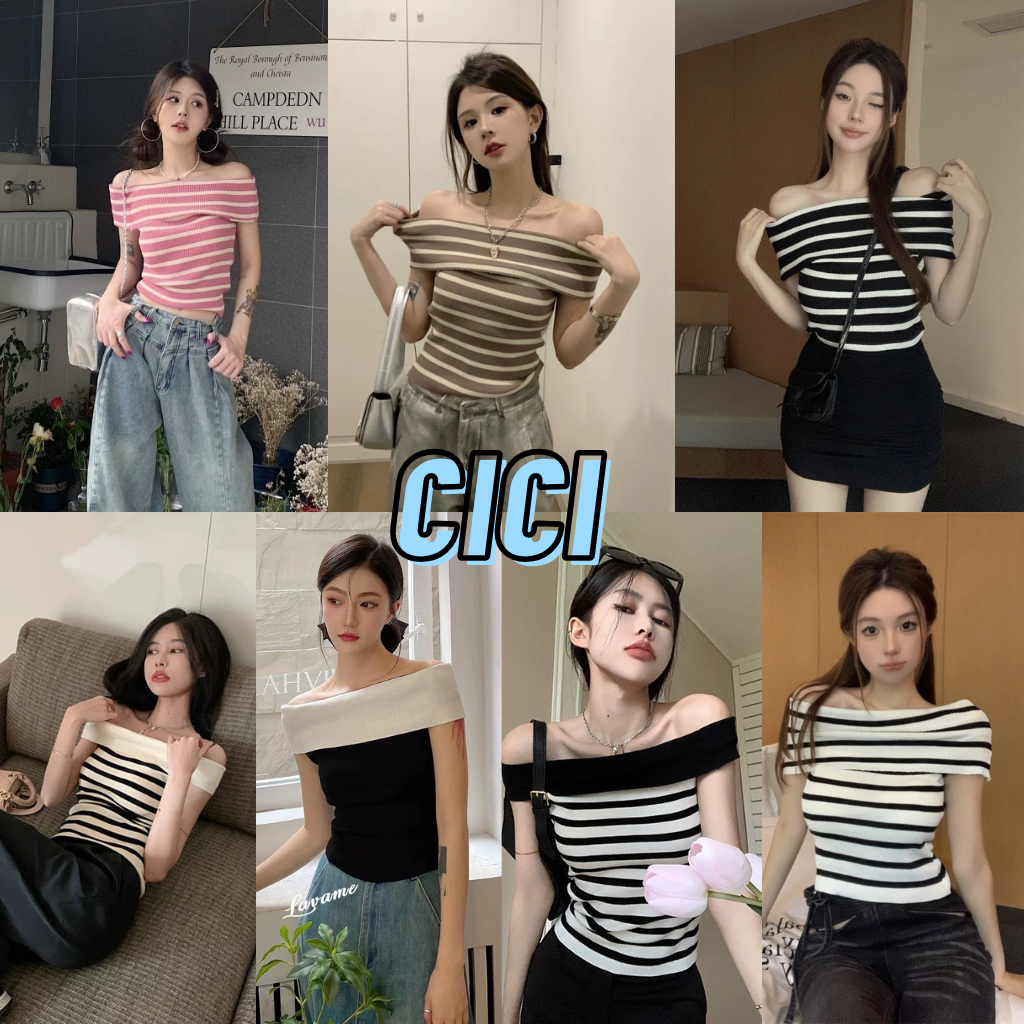 ส่งทันที Cici(NO. 95161)เสื้อยืดไหมพรมแขนสั้นไหมพรมปาดไหล่ลายทาง ใส่สบาย สไตล์เกาหลีน่ารักๆ