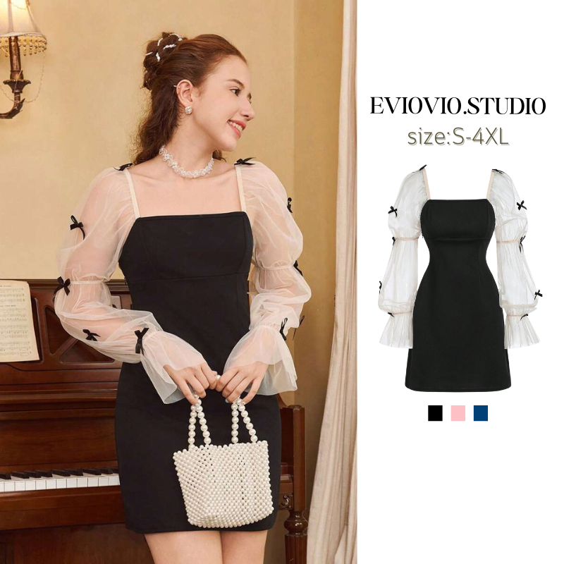 【EVIOVIO】ชุดวาเลนไทน์ มินิเดรส แขนแต่งโบว์ coquette น่ารัก ผ้ายืดหยุ่น เหมาะสำหรับสาวอวบ พลัสไซซ์