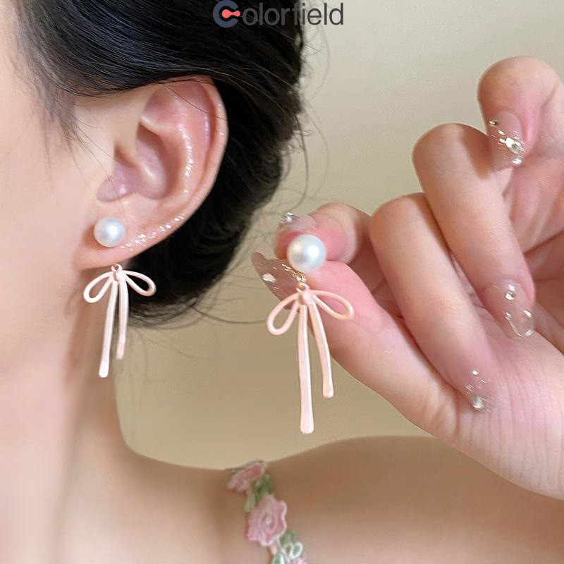 Colorfield ใหม่ ต่างหูมุก จี้ประดับโบว์ ละเอียดอ่อน เกาหลี ระดับไฮเอนด์ เครื่องประดับแฟชั่น สำหรับผู้หญิง ไม่ทําให้แพ้ง