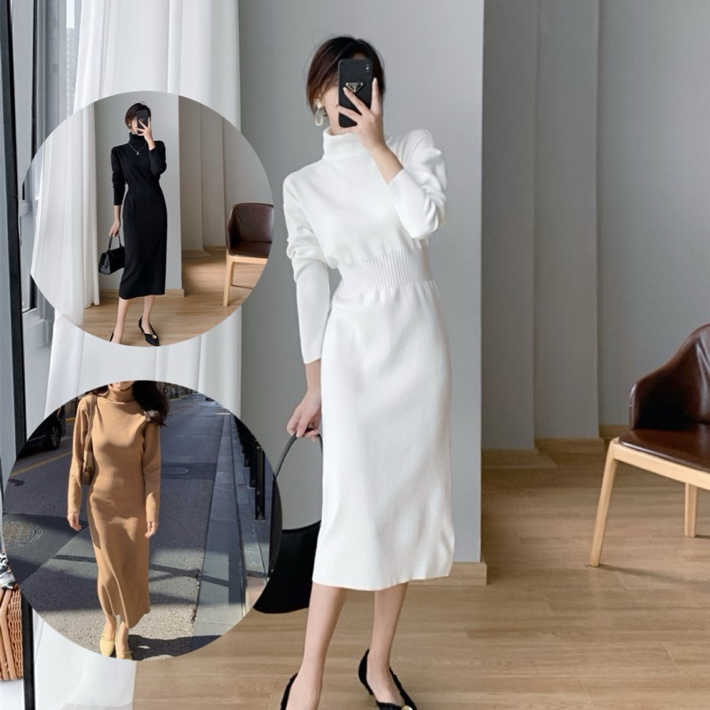 เดรสยาวไหมพรมกันหนาวผ้านิ่ม แฟชั่นเกาหลีมีจั๊มเอว