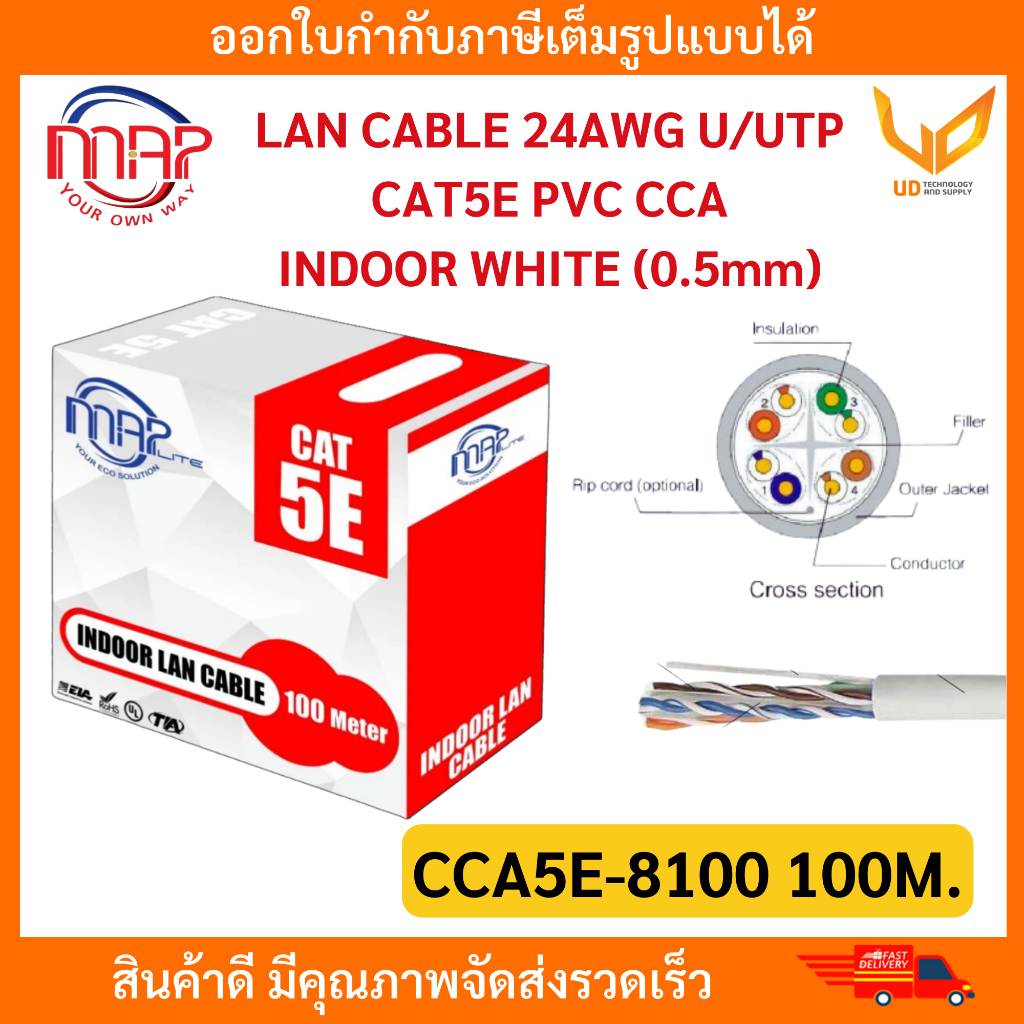 MAP สายแลน LAN CAT5E CCA5E-8100 24AWG U/UTP PVC CCA ความยาว 100M สำหรับภายในอาคาร **พร้อมส่ง**