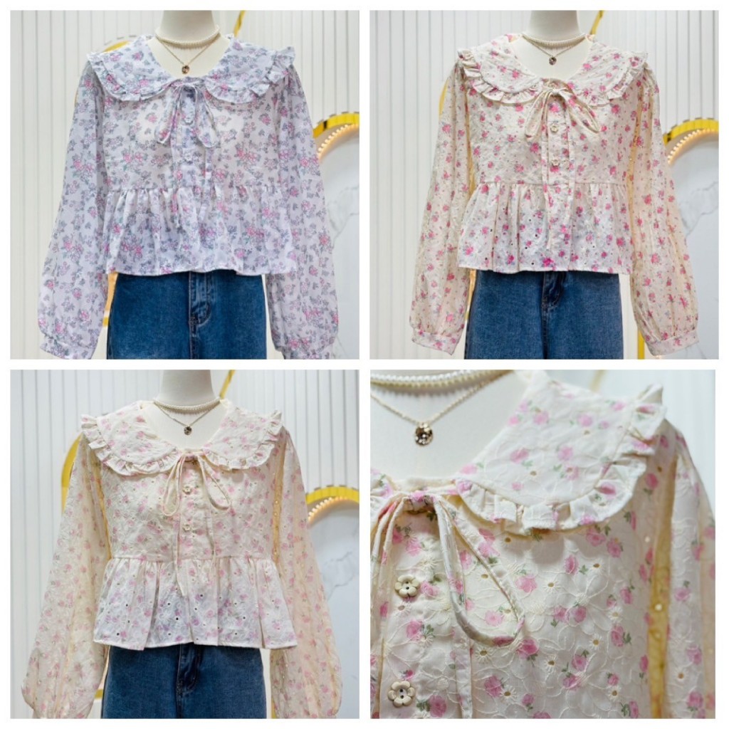 ป้าย HEAHA เสื้อผ้าคอตตอนปักฉลุลายทั้งตัวแต่งโบว์ผูกด้านหน้า อก 40 นิ้ว ยาว 19 นิ้ว