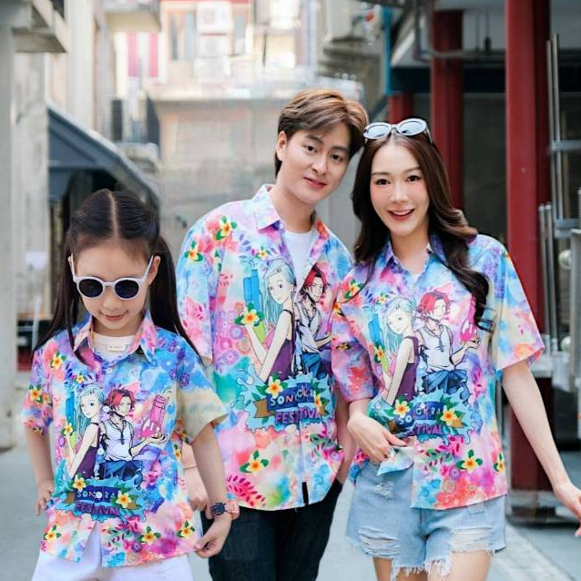 PINK020เสื้อฮาวายลายใหม่2026 Songkran ทรงวัยรุ่น หญิงชายใส่ได้ ผ้าโพลีพรีเมี่ยมไซส์38-56นิ้ว งานปัายKTIERออกแบบเอง*1ตัว* รูปที่ 7