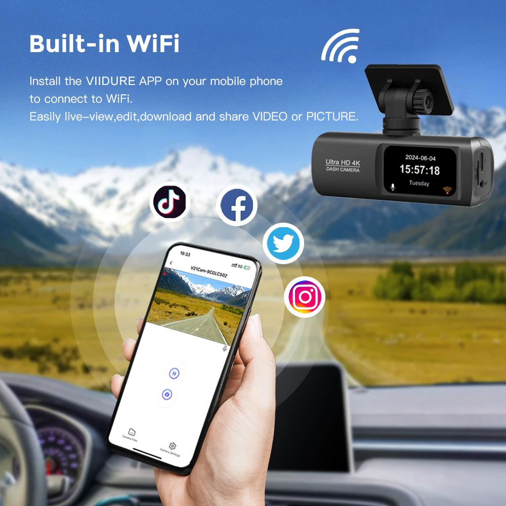 4K 2160P ตำแหน่งGPS dash cam กล้องติดรถยนต์ มุมกว้าง 170°กล้องหน้าหลัง การเชื่อมต่อ APP WiFi การดูแบบเรียลไทม์ โหมดกลางค thumbnail 4