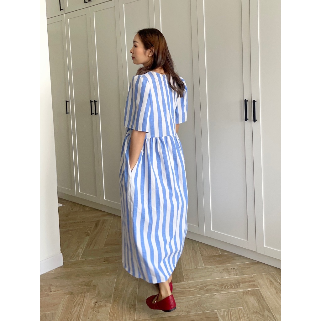 CHAWY Strip blue dress 🌟🌎 C4548  เดรสยาวมินิมอล เดรสมินิมอล - รูปที่ 7