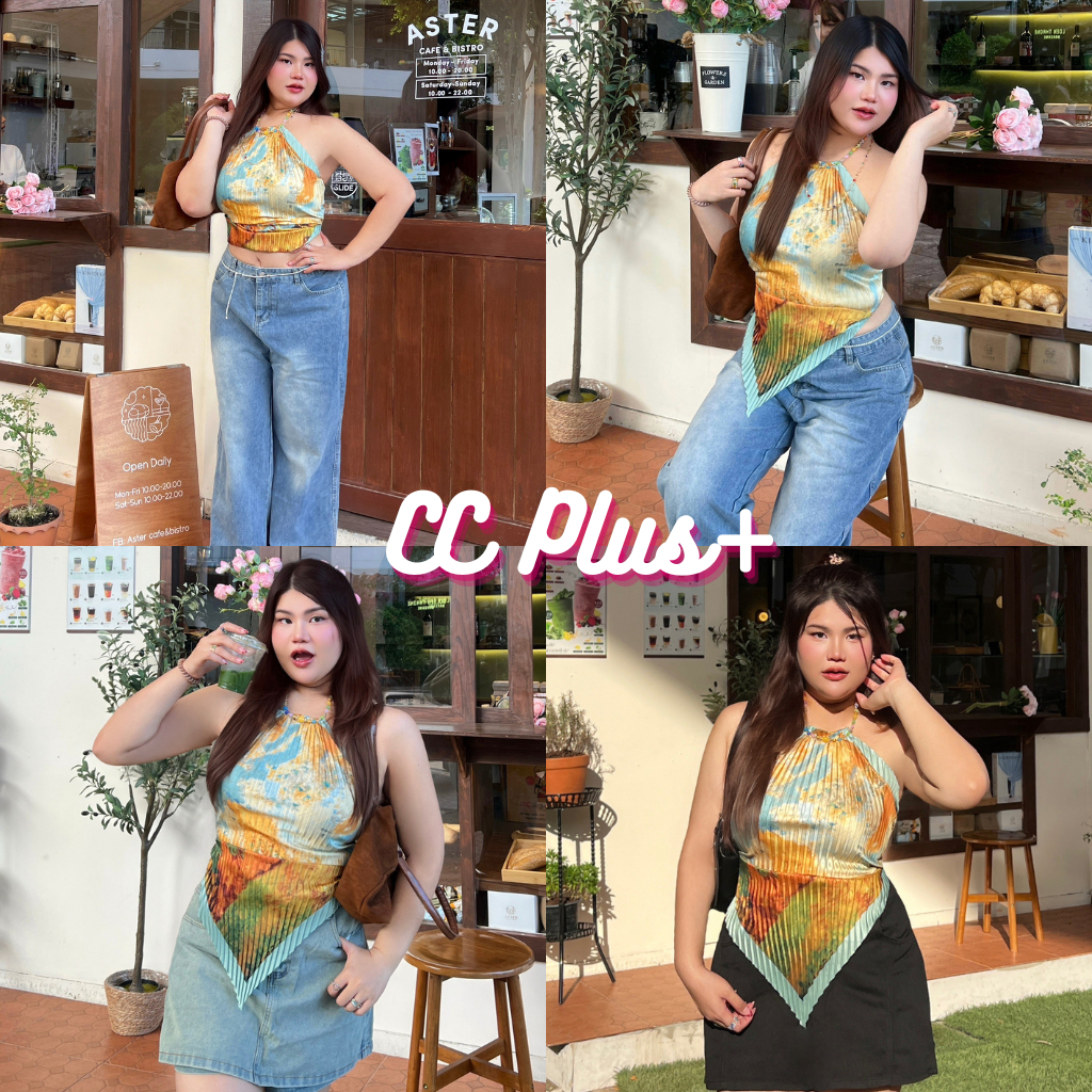 CiCi Plus+(1133-2) เสื้อคล้องคอทรงสายเหลี่ยม ผูกหลัง ดีเทลลายมัดย้อม สวยเก๋ไม่ซ้ำใคร สไตล์สาวพลัสไซส์ ราคาถูก Shopee Lazada