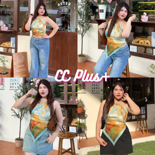 CiCi Plus+(1133-2) เสื้อคล้องคอทรงสายเหลี่ยม ผูกหลัง ดีเทลลายมัดย้อม สวยเก๋ไม่ซ้ำใคร สไตล์สาวพลัสไซส์