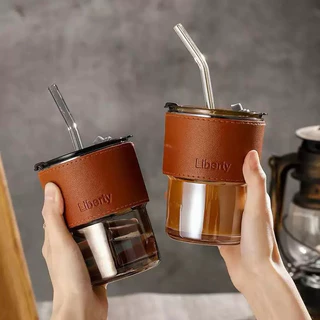kingshopping(2074) ถ้วยแก้ว แก้วใส่น้ำ 450ml แก้วกาแฟ สไตล์มินิมอล พร้อมหลอดแก้ว ฝาปิด ปลอกซิลิโคนกันร้อน