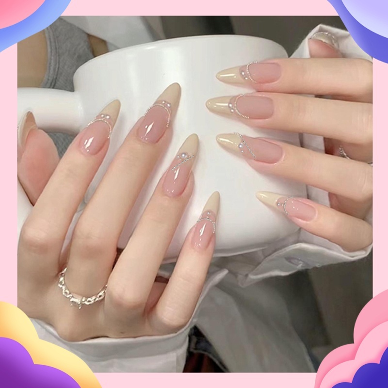 ลายเยอะ มีกล่อง แถมกาว!เล็บยาวใหม่เล็บยาวปลอม กันน้ำ แฟชั่นชมพู ขาว กล่องละ 24 ชิ้น