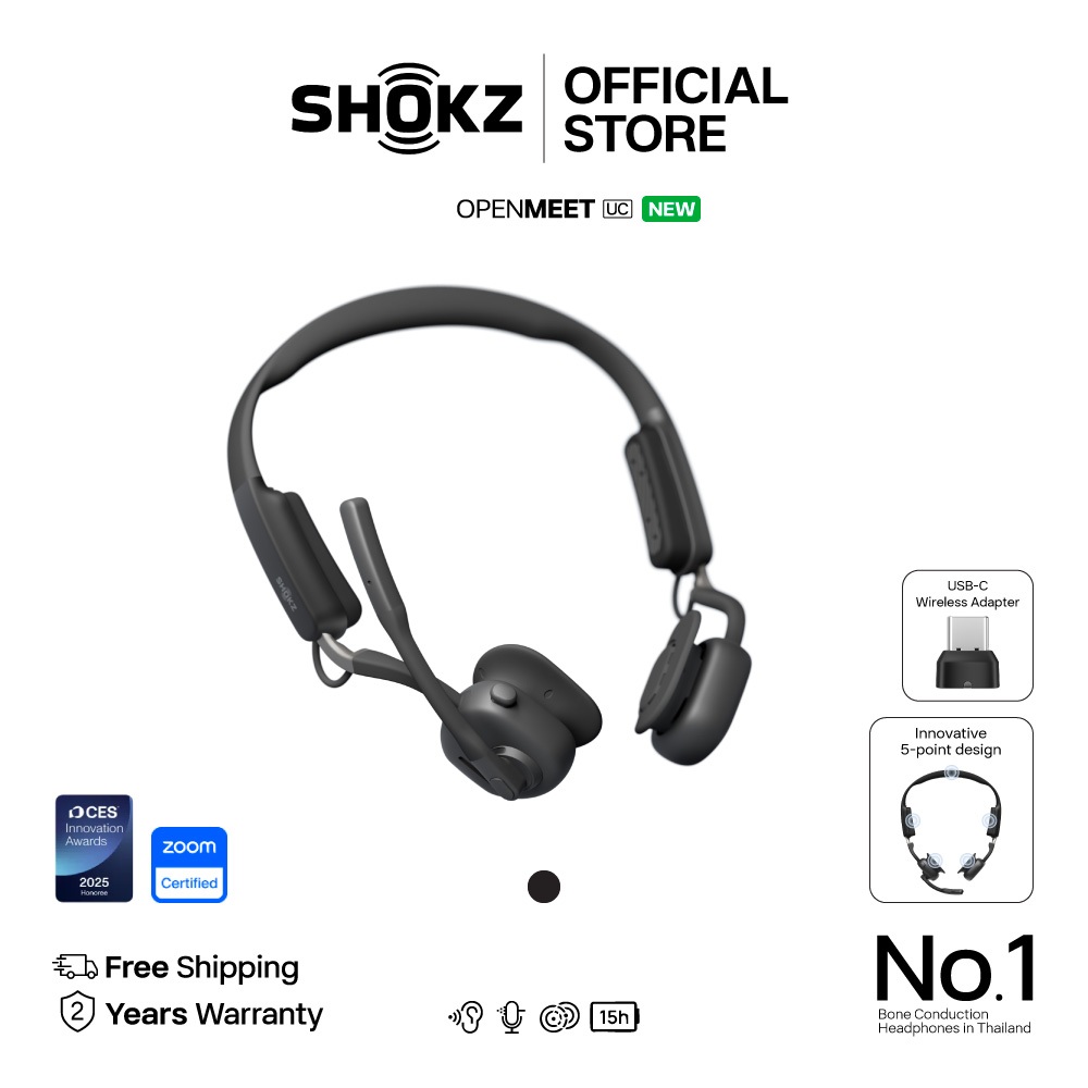 Shokz OPENMEET UC USB-C หูฟังไร้สาย สวมใส่สบาย น้ำหนักเบา การทำงาน การประชุม ไมค์คุณภาพสูง ได้รับรองจาก Zoom Certified