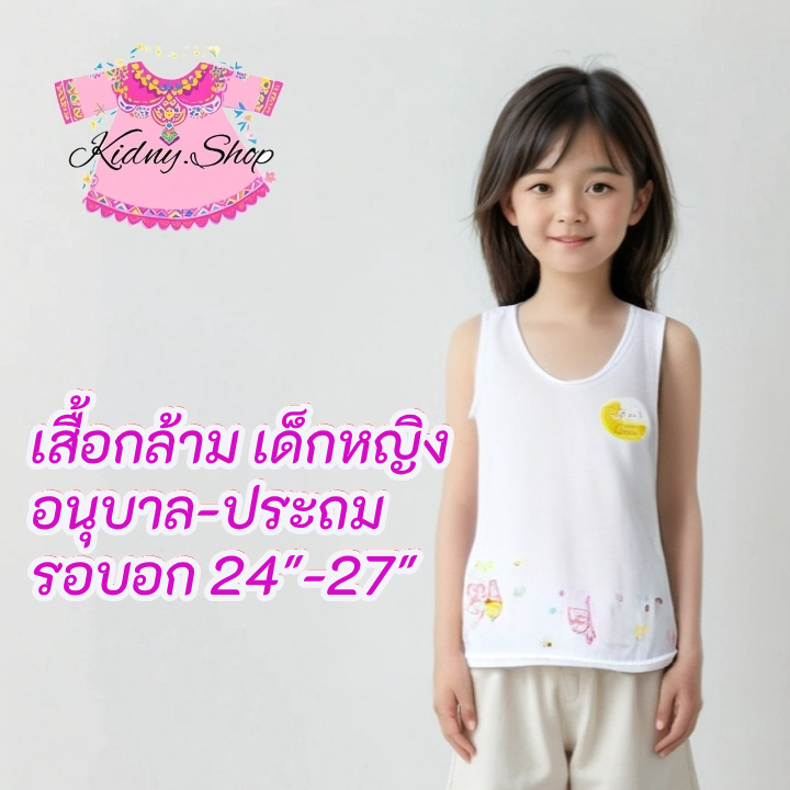 5 แถม 1  Size F เสื้อกล้าม เด็กผู้หญิง อนุบาล อก 24" สีขาว มีสกรีนการ์ตูน ทับใน ซับใน หนูน้อย