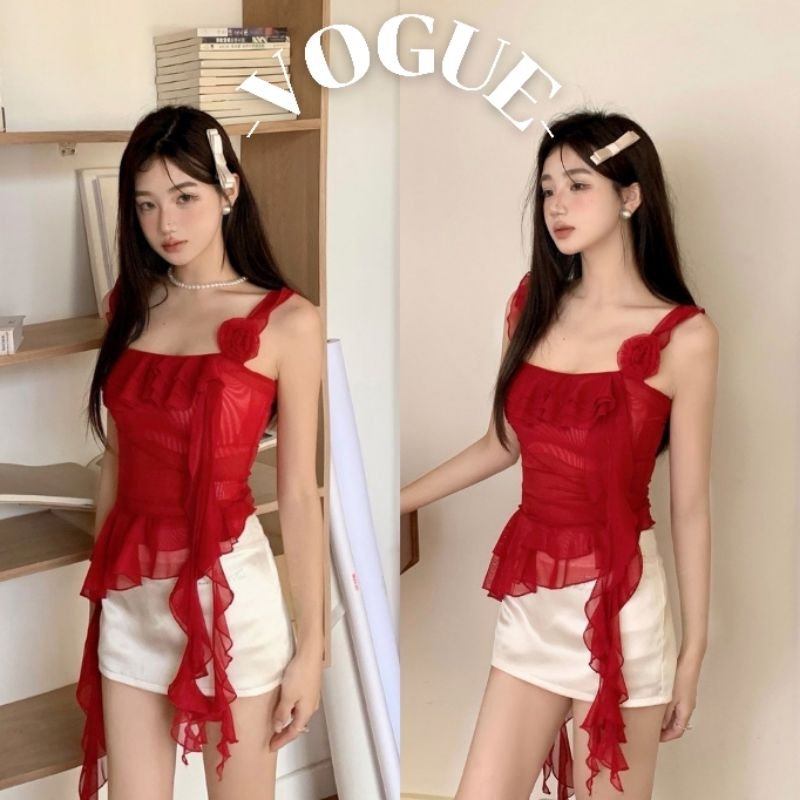 Vogue🌟พร้อมส่ง🌟 เสื้อกล้าม ผ้าซีทรูเซ็กซี่ ดีเทลปล่อยพริ้ว (FY2779)