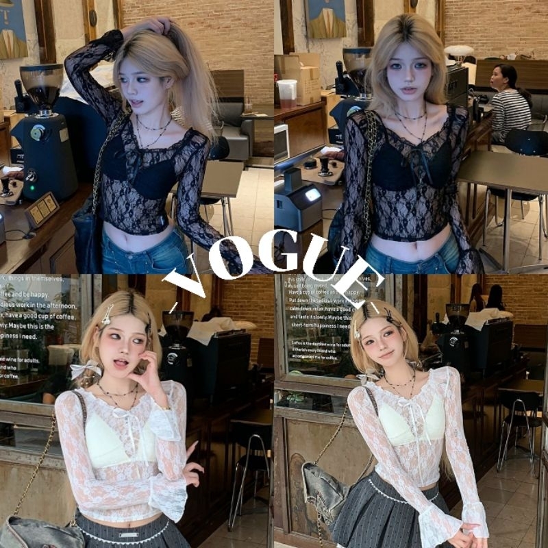 Vogue🌟พร้อมส่ง🌟 เสื้อคอกลม แขนยาว ดีเทลซีทรูบางเบาเซ็กซี่ (61655)