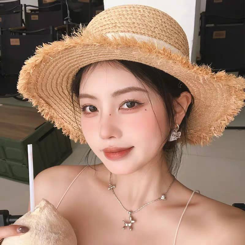 หมวกสานหญ้าราเฟียชายรุ่ยคาดโบว์ พร้อมส่งจากไทย E101